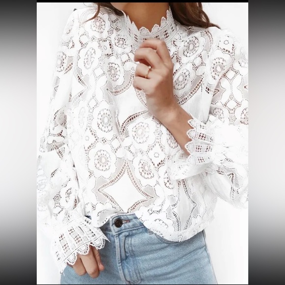 White lace scalloped high neck long sleeve Top Boho - Picture 10 of 14